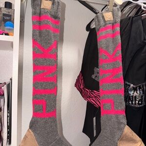 PINK Victoria's Secret Gray and Hot Pink Knee-High Logo Socks